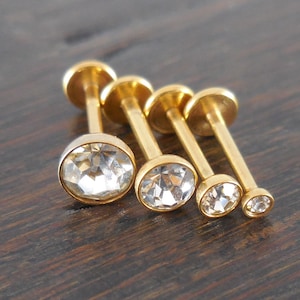 18g 2, 3, 4 or 5mm Clear Cubic Zirconia 6mm or 8mm Thread less Gold Tone Push Pin Triple Helix Flatback Earrings Cartilage Labret Nose Ring