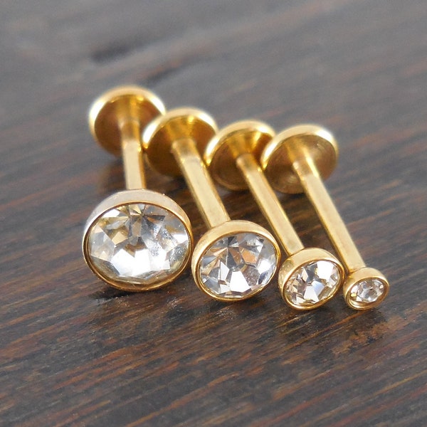 18g 2, 3, 4 or 5mm Clear Cubic Zirconia 6mm or 8mm Thread less Gold Tone Push Pin Triple Helix Flatback Earrings Cartilage Labret Nose Ring