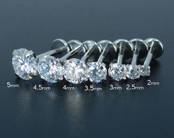 Pendientes de plata con labret de moissanita, pendientes para tragus, pendientes para cartílago, pendientes para piercing de tragus, pendientes planos sin rosca con pasador.