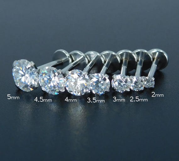Moissanite Labret Silver Stud Earring Stack, Tragus Earring,  Cartilage Earring, Tragus Piercing Stud, Threadless Push Pin Flat Back Earring