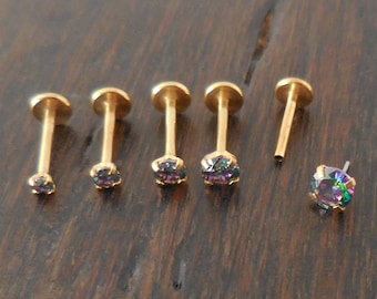 16g 2-4mm Tragus 6mm-8mm Threadless neusring Push Pin Labret kraakbeen oorbellen Gold Tone Dark Prism Prong Set Rainbow Stone Triple Helix