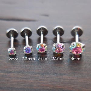 Aurora Borealis Flat Back Earring, Tiny Crystal Tragus Earring, Rainbow Crystal Tragus Piercing Stud - Triple Forward Helix Earring
