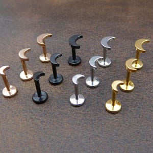 Mini Moon Cartilage Stud Earrings, 16G, 18G, 20G Helix Earrings Gold Tone Rose Nose Stud, Threadless Flat Back Push Pin Conch Labret Tragus