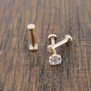 Rose Gold Tone Triple Helix Flat Disc 18G Labret Lip Earrings 5/6/8/10mm Prong Set 3mm Clear Cubic Zirconia Push Pin Cartilage Triple Helix