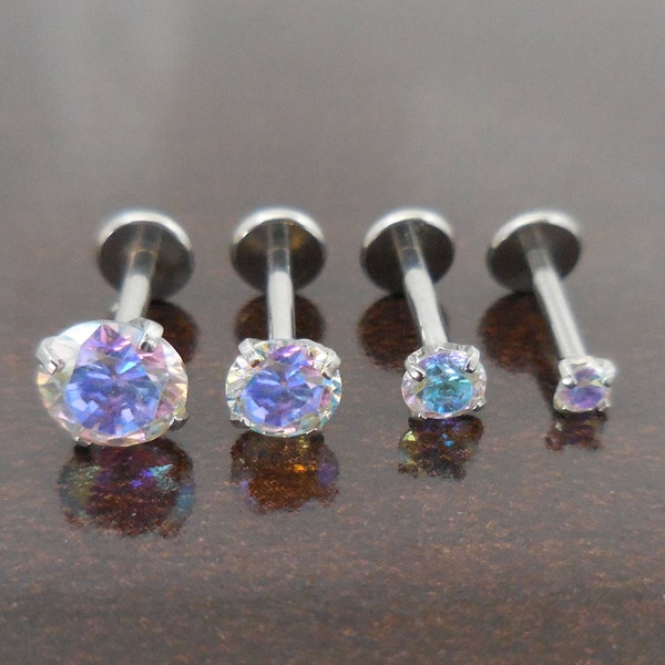 Rainbow Crystal 18G 1/4" 6mm  2,3,4 or 5mm Prong Set CZ Stones Tragus Nose Stud Cartilage Flat Back Earrings Helix Piercing Nose Stud Rings