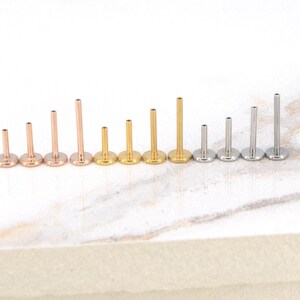 May include: A set of ten surgical steel body jewelry pieces in different lengths. The pieces are in three colors: silver, gold, and rose gold. The jewelry is arranged in order of size, with the smallest piece on the left and the largest piece on the right.
