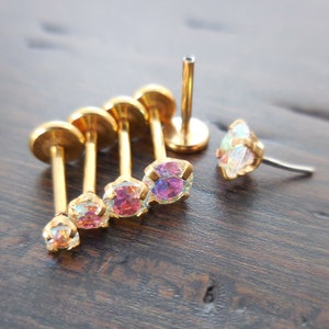 20 g 2-4 mm Piercing al naso piatto Labret senza filo Orecchini Helix con punte Tragus AB Cristallo Push Pin Anello 6 mm-8 mm Cartilagine Tono oro