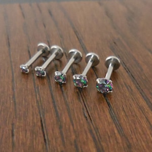 18G 2-4mm Tragus Stud ~ Rainbow CZ Stone Threadless 6mm-8mm Push Pin Stud ~ Triple Helix Nose Stud Ring Labret Lip Earrings Stainless Steel