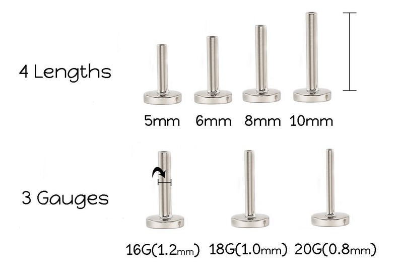 K&ouml;nnte beinhalten: Abbildung von silberfarbenen K&ouml;rperschmuck-Ohrsteckern. Das Bild zeigt vier L&auml;ngen: 5 mm, 6 mm, 8 mm und 10 mm. Es gibt auch drei St&auml;rken: 16G (1,2 mm), 18G (1,0 mm) und 20G (0,8 mm). Der Text lautet "4 L&auml;ngen" und "3 St&auml;rken".