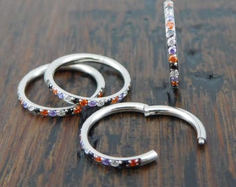 Halloween Surgical Steel Hinged Nose Ring: CZ Crystal Septum Hoop (18G/20G)