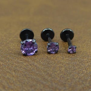 16G, 18G, 20G Violet Threadless Stud Earrings, Black PVD Comfort Flat Back Cartilage Tragus Rings, Prong Set Purple Crystal Labret Nose Ring