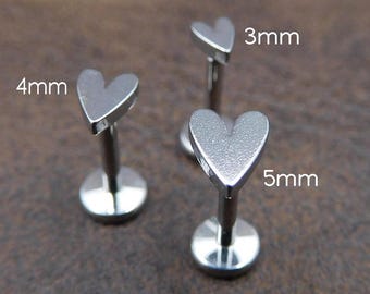 Mini Heart Labret Stud Earring • Cartilage Silver Stud Earring • Flat Back Threadless Stud • Tiny Tragus Piercing Stud Earring