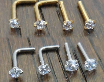 18G Gold Tone Nose Rings 20G Surgical Stainless Steel Nose Studs Clear Cubic Zirconia L Shape Nose Stud Nose Bones - Pair of Nose Studs