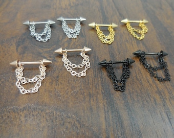 Anillos de pezón colgantes con cadena gótica de 14 g, de acero inoxidable en tono dorado y PVD negro.