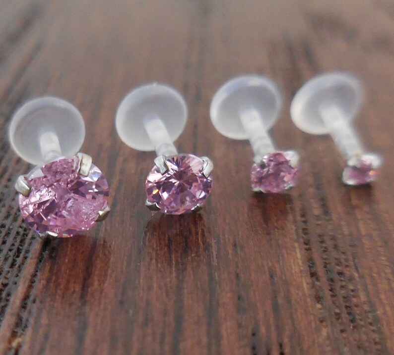 16G Tragus Jewelry Triple Helix Cartilage Earrings Prong Set Pink Crystal 6-10mm Bioflex Labret Lip Rings