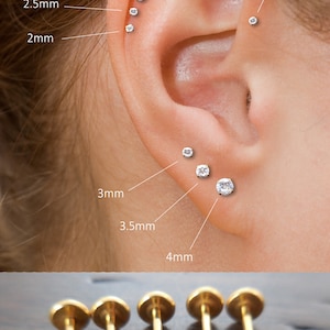 20g 2-4mm Flat Back Earrings Prong Set Clear CZ Stone Push Pin 6mm-8mm Nose Stud Ring Cartilage Gold Tone Labret Threadless Tragus Helix