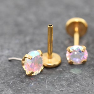 Pendiente de botón sin rosca de cristal AB en tono dorado - Pendiente de botón de cristal AB para la nariz - Pendiente de botón de labio - Pendiente de botón de espalda plana - Pendiente de botón para piercing de trago