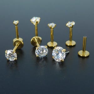 18G Clear Moissanite Threadless Stud Earrings, 20G Push Pin Stud Nose Ring, 16G Gold PVD Tragus Stud Labret, 2-5mm Prong Set Cartilage Rings