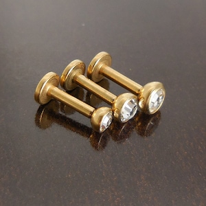 3,3.5,4mm Bezel Set CZ 16G Gold tone Titanium Tragus 1/4" 6mm Post Ear Triple Forward Helix Piercing Stud Bar Cartilage Earring