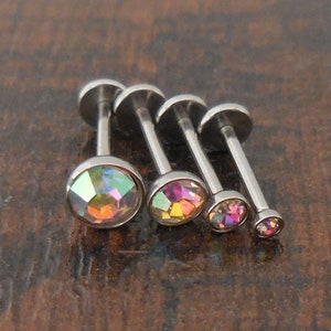 AB Aurora Boreale 6 mm o 8 mm 18 g 2, 3, 4 o 5 mm senza filettatura, perno di spinta, trago, tripla elica, orecchino, cartilagine, labret, anello da naso in acciaio inossidabile
