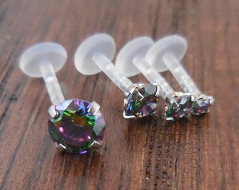 16G Rainbow CZ-tandenset Bioflex Labret: tragus, helix, lipring