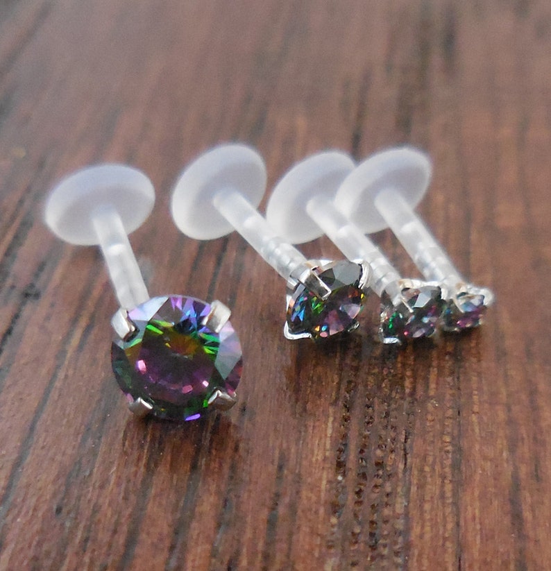 16G Tragus Jewelry Triple Helix Cartilage Flatback Earrings Prong Set Rainbow Crystal 6-10mm Bioflex Labret Lip Rings image 1