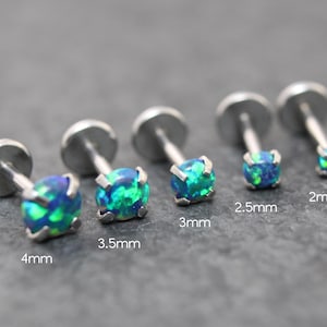 Ocean Aqua Opal Flatback Silver Earring • Surgical Steel Helix Piercing • Tiny Tragus Earring • Piercing Stud • Threadless Cartilage Stud