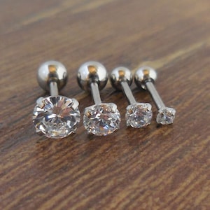 Clear CZ Prong Set Cubic Zirconia 18G 1/4" 2-5mm Ball Back Triple Forward Helix Ear Cartilage Earrings Rings Jewelry