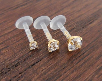 Pendientes de espalda plana de 16G, 6 mm, 8 mm o 10 mm, juego de puntas de titanio en tono dorado, CZ transparente, triple hélice delantera BioFlex BioPlast, anillos para cartílago y tragus