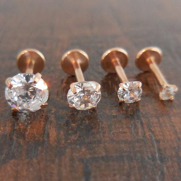 Rose Gold 18G 2-5mm Prong Set Clear Cubic Zirconia Triple Forward Helix Tragus Body Jewelry Earrings Nose Ring Cartilage Internally Threaded