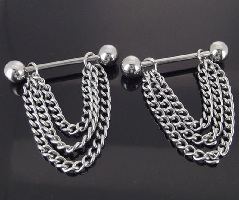 Pair 14g Stainless Steel Chain Dangle Nipple Rings Barbells Etsy