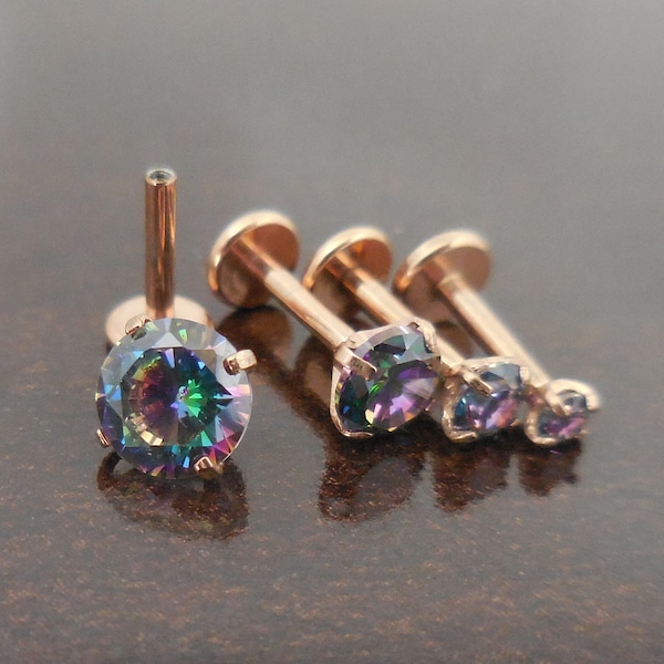 Gold Tone Rainbow Crystal 18G 1/4" 6mm  2,3,4 or 5mm Prong Set CZ Tragus Cartilage Flatback Earrings Triple Forward Helix Nose Rings Stud