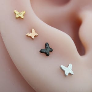 Hammered Butterfly Threadless Flat Back Stud for Helix Tragus Conch Piercing Jewelry -Butterfly Tragus Earring - Hammered Cartilage Stud