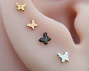 Silver Butterfly Threadless Stud Earring - Helix Tragus Conch Piercing Jewelry -Butterfly Tragus Earring - Hammered Cartilage Flat Back Stud