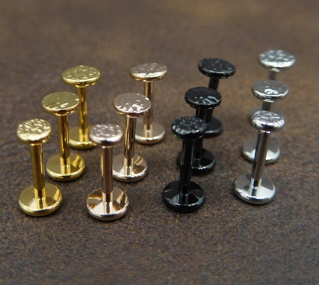 Small Flat Disc Hammered Circle Stud Earrings, Threadless Push Pin Style Gold Tone Nose Ring, 16G, 18G, 20G Unique Rustic Dot Look Earrings