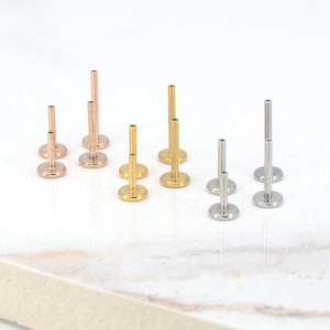 May include: A set of six surgical steel body jewelry pieces. The jewelry is available in three colors: gold, rose gold, and silver. Each piece has a flat base and a straight post.