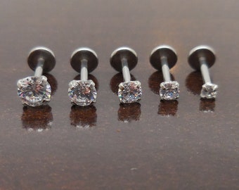 18G Tragus Stud Earrings ~ Clear CZ Stone ~Threadless 2-4mm ~ Triple Helix ~ Nose Stud Ring ~ Labret Lip ~ Stainless Steel Stud 6mm Push Pin