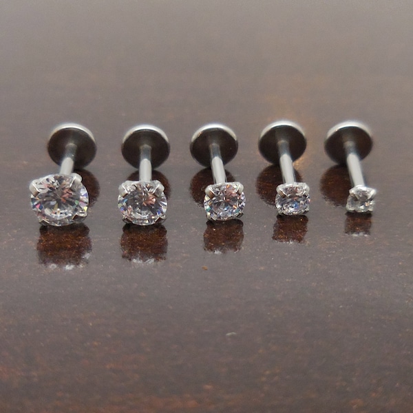 18G Tragus Stud Earrings ~ Clear CZ Stone ~Threadless 2-4mm ~ Triple Helix ~ Nose Stud Ring ~ Labret Lip ~ Stainless Steel Stud 6mm Push Pin