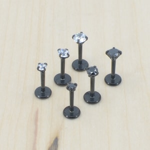 Flat Back Earrings 18G Black PVD Internally Threaded Clear Cubic Zirconia - Hypoallergenic Elegant Rings Ear Nose Stud - Cartilage Earrings