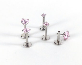 Pink CZ Threadless Flat Back Silver Earrings - Push Pin Nose Stud - Tiny Flatback Studs - Stack Earrings - CZ Tragus Cartilage Studs