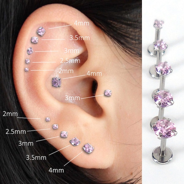 16G/18G/20G CZ Threadless Flat Back Pink Earrings - Push Pin Nose Stud - Tiny Flatback Studs - Labret Stud - CZ Tragus Cartilage NEW Studs