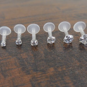 16G Flatback Earrings Stud 6, 8, 10mm 1.5-4mm Clear CZ Triple Helix Stud BioFlex BioPlast Earring Cartilage Tragus Monroe Lip Rings NEW image 1