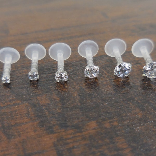 16G Flatback Earrings Stud 6, 8, 10mm 1.5-4mm Clear CZ Triple Helix Stud BioFlex BioPlast Earring Cartilage Tragus Monroe Lip Rings NEW