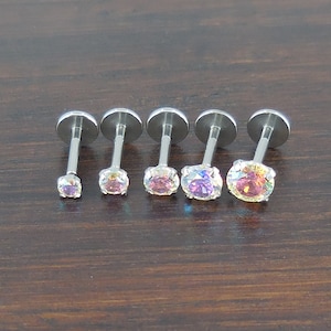 18g 2mm-4mm AB Cubic Zirconia Implant Solid Titanium Nose Stud Grade 23 Monroe Labret Tragus Cartilage Earrings Push Pin Threadless Helix