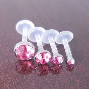 16G 6, 8 or 10mm Quad Triple Forward Helix BioFlex Earring Tragus Medusa Monroe Pink Crystal Lip Labret BioPlast Cartilage Rings