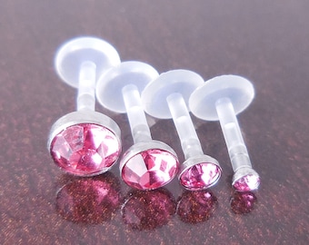 16G 6, 8 or 10mm Quad Triple Forward Helix BioFlex Earring Tragus Medusa Monroe Pink Crystal Lip Labret BioPlast Cartilage Rings
