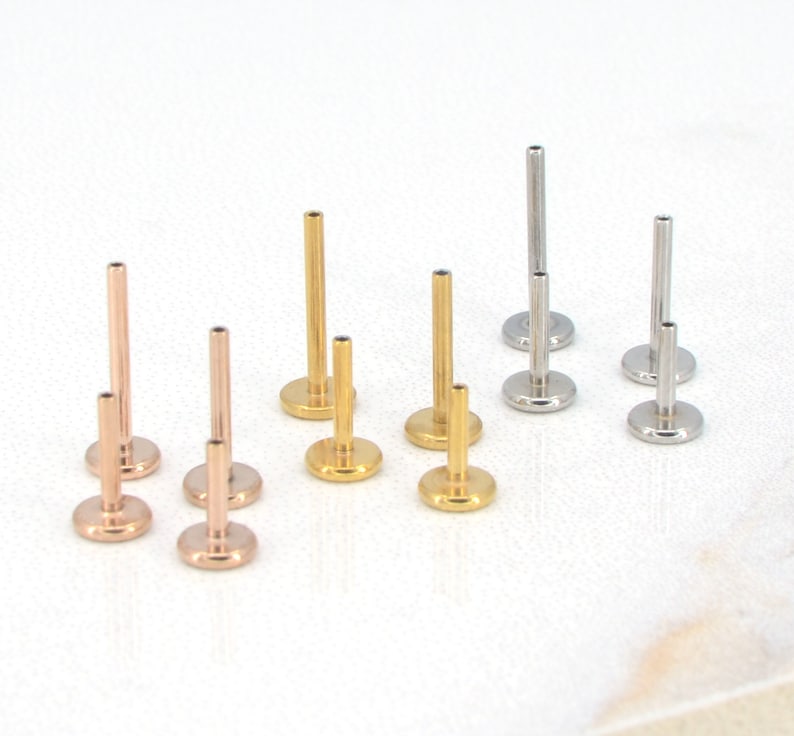 May include: A set of nine body jewelry pieces, including labret studs and nose rings. The jewelry is made of stainless steel and comes in gold, rose gold, and silver.