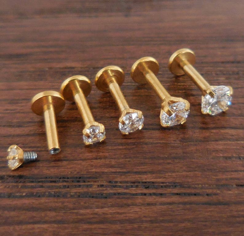 16G 6mm 1/4 2-4mm klar Zirkonia verdreifachen vorderen Helix Knorpel Labret Golden intern vergoldet Tragus Stud Schmuck Prong Set Bild 2