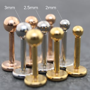 Puede incluir: Una colección de piercings labret en varios acabados metálicos, incluyendo oro, plata y oro rosa. Los piercings tienen una base plana y una parte superior esférica, con tamaños de 2 mm a 3 mm.