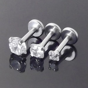 2mm 3mm 4mm Prong Set CZ 18G 1/4" Tragus Ear Triple Forward Helix Medusa Monroe Lip Piercing Stud Bar Earring Internally Threaded